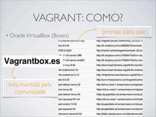 VAGRANT: COMO?
                                prontas para usar
• Oracle VirtualBox   (Boxes)




 lista mantida pela
     comunidade
 