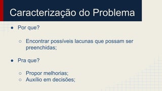 Caracterização do Problema 
● Por que? 
○ Encontrar possíveis lacunas que possam ser 
preenchidas; 
● Pra que? 
○ Propor melhorias; 
○ Auxílio em decisões; 
 