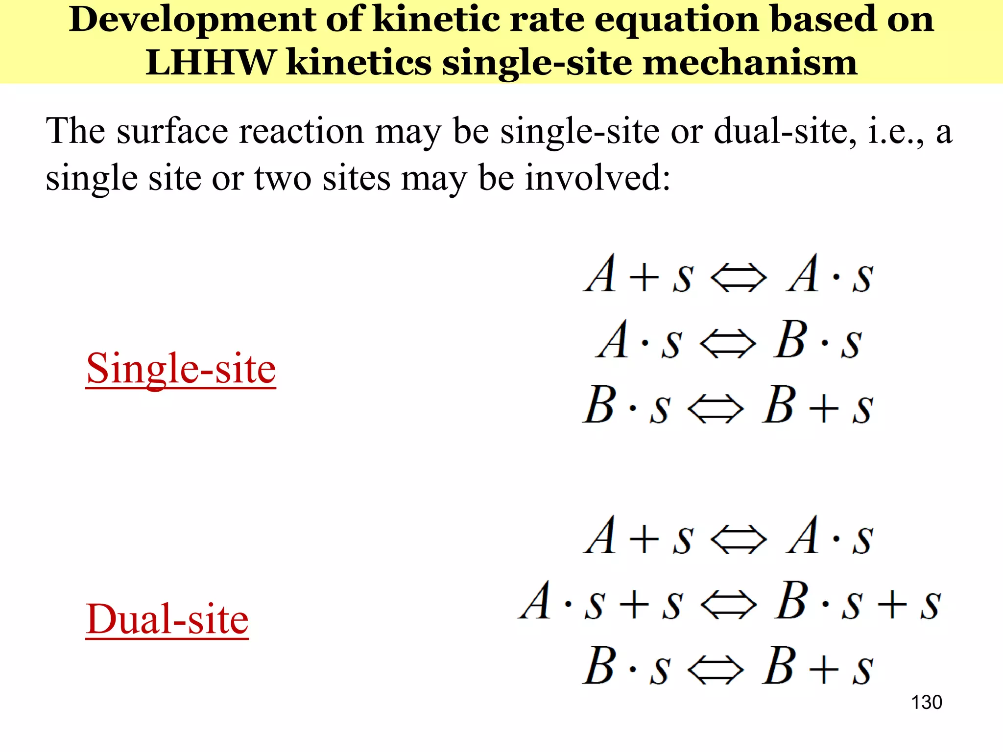 130
The surface reaction may be single-site or dual-site, i.e., a
single site or two sites may be involved:
Single-site
Dual-site
Development of kinetic rate equation based on
LHHW kinetics single-site mechanism
 