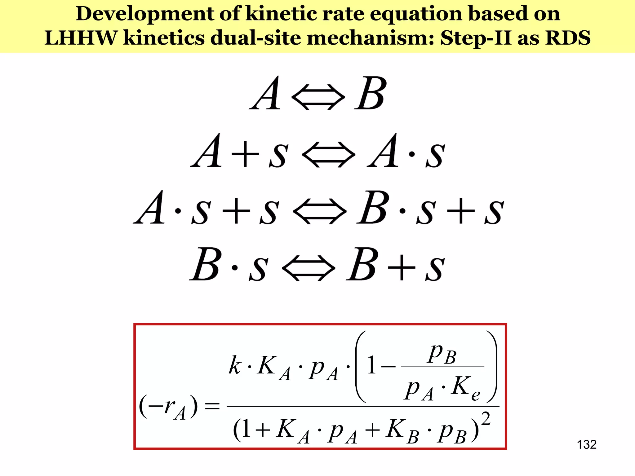 132
Development of kinetic rate equation based on
LHHW kinetics dual-site mechanism: Step-II as RDS
2
)1(
1
)(
BBAA
eA
B
AA
A
pKpK
Kp
p
pKk
r










 