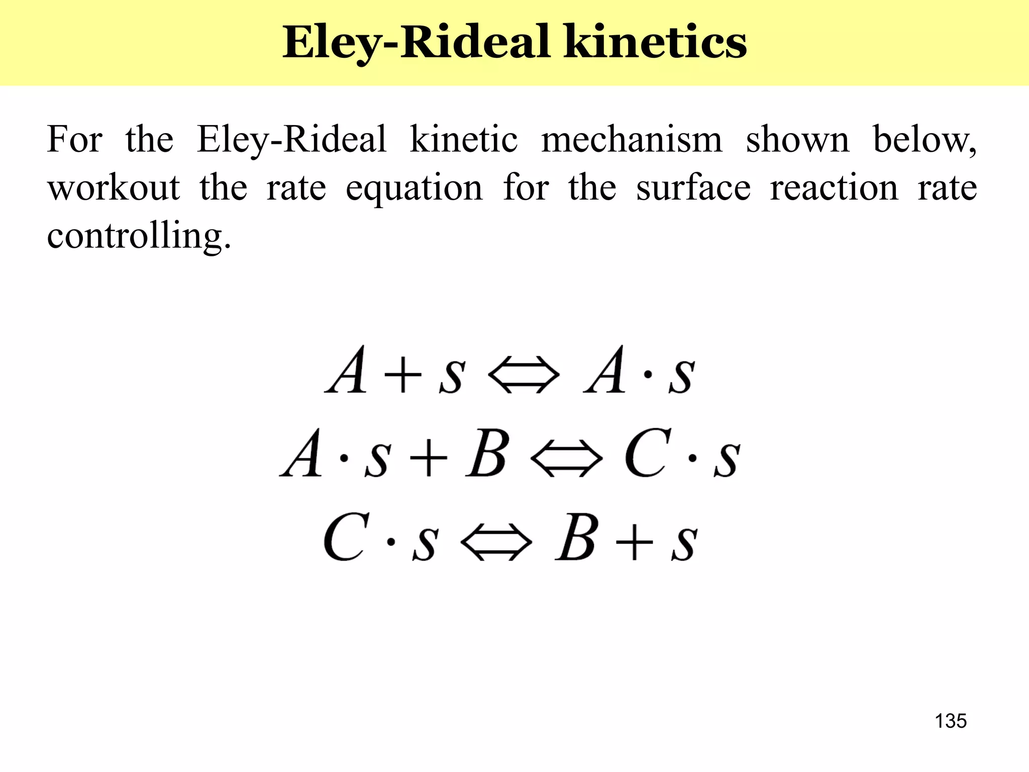 135
For the Eley-Rideal kinetic mechanism shown below,
workout the rate equation for the surface reaction rate
controlling.
Eley-Rideal kinetics
 