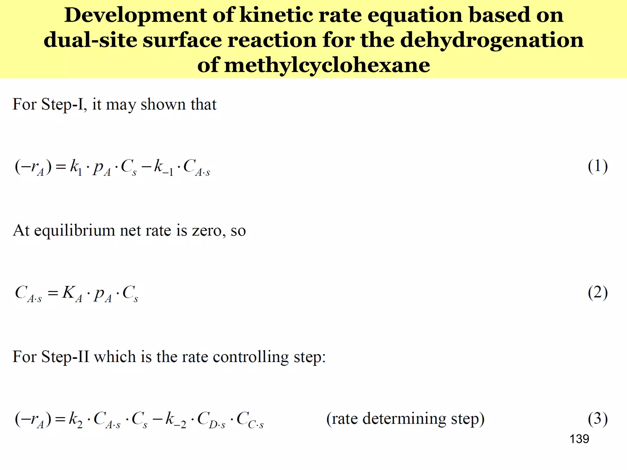 139
Development of kinetic rate equation based on
dual-site surface reaction for the dehydrogenation
of methylcyclohexane
 