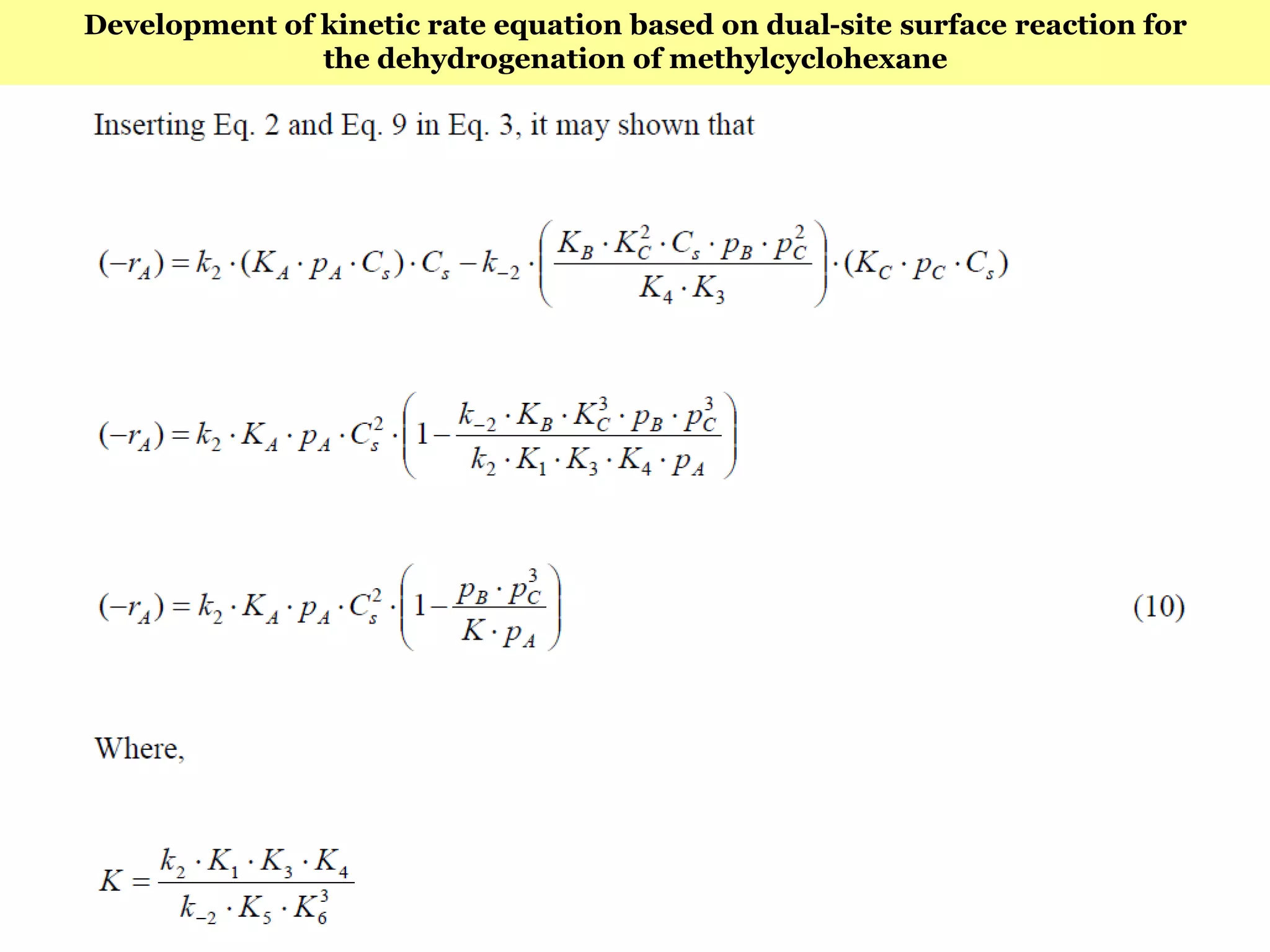 143
Development of kinetic rate equation based on dual-site surface reaction for
the dehydrogenation of methylcyclohexane
 