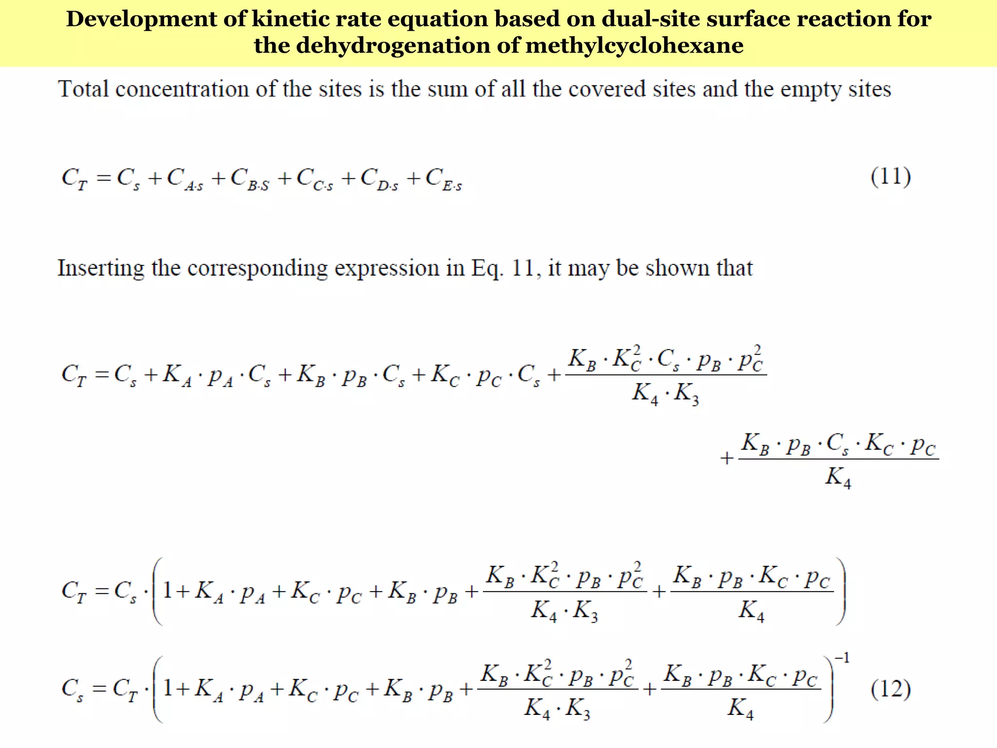 144
Development of kinetic rate equation based on dual-site surface reaction for
the dehydrogenation of methylcyclohexane
 