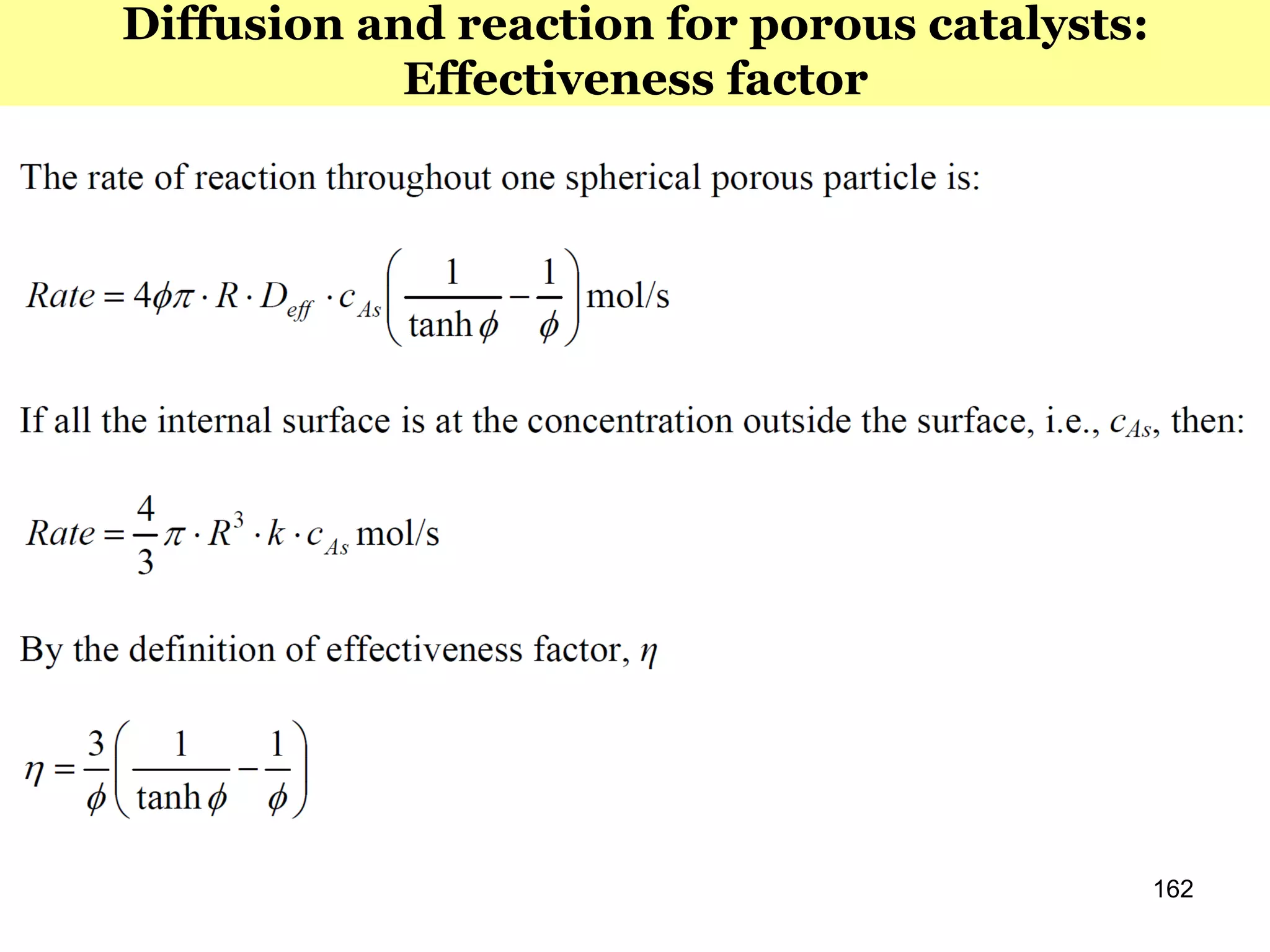 162
Diffusion and reaction for porous catalysts:
Effectiveness factor
 