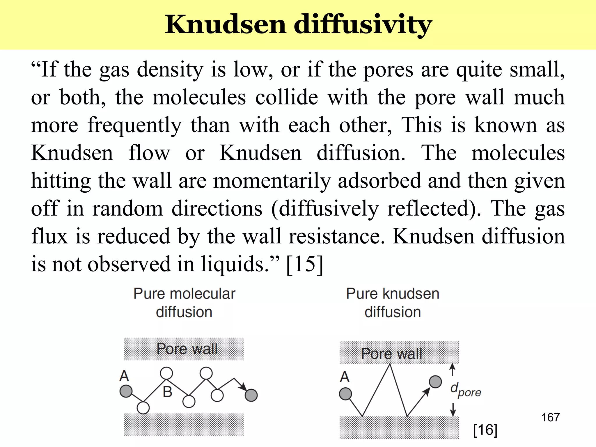 167
“If the gas density is low, or if the pores are quite small,
or both, the molecules collide with the pore wall much
more frequently than with each other, This is known as
Knudsen flow or Knudsen diffusion. The molecules
hitting the wall are momentarily adsorbed and then given
off in random directions (diffusively reflected). The gas
flux is reduced by the wall resistance. Knudsen diffusion
is not observed in liquids.” [15]
[16]
Knudsen diffusivity
 
