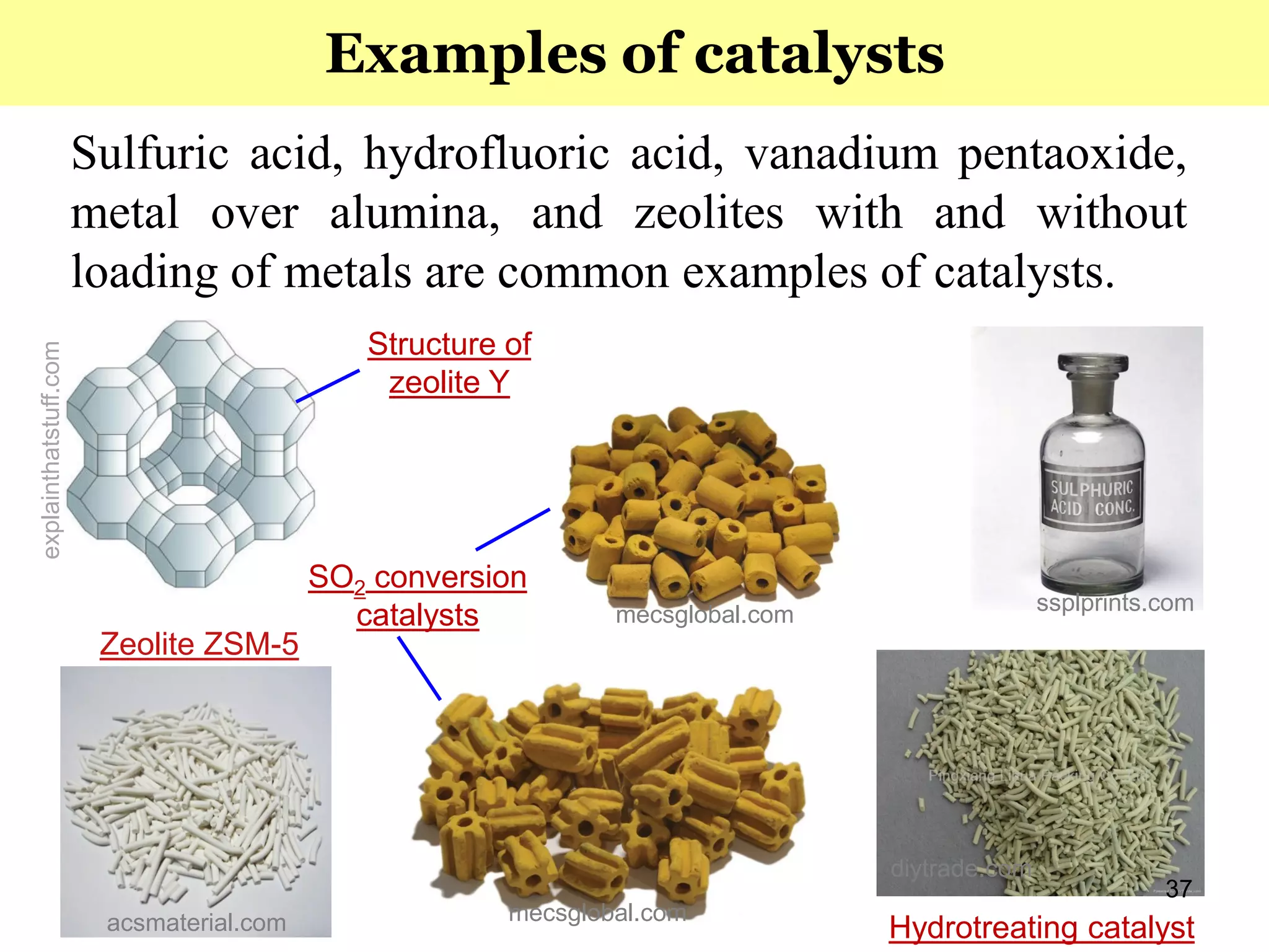 37
Sulfuric acid, hydrofluoric acid, vanadium pentaoxide,
metal over alumina, and zeolites with and without
loading of metals are common examples of catalysts.
Examples of catalysts
mecsglobal.com
mecsglobal.com ssplprints.com
acsmaterial.com
explainthatstuff.com
Structure of
zeolite Y
Zeolite ZSM-5
SO2 conversion
catalysts
diytrade.com
Hydrotreating catalyst
 