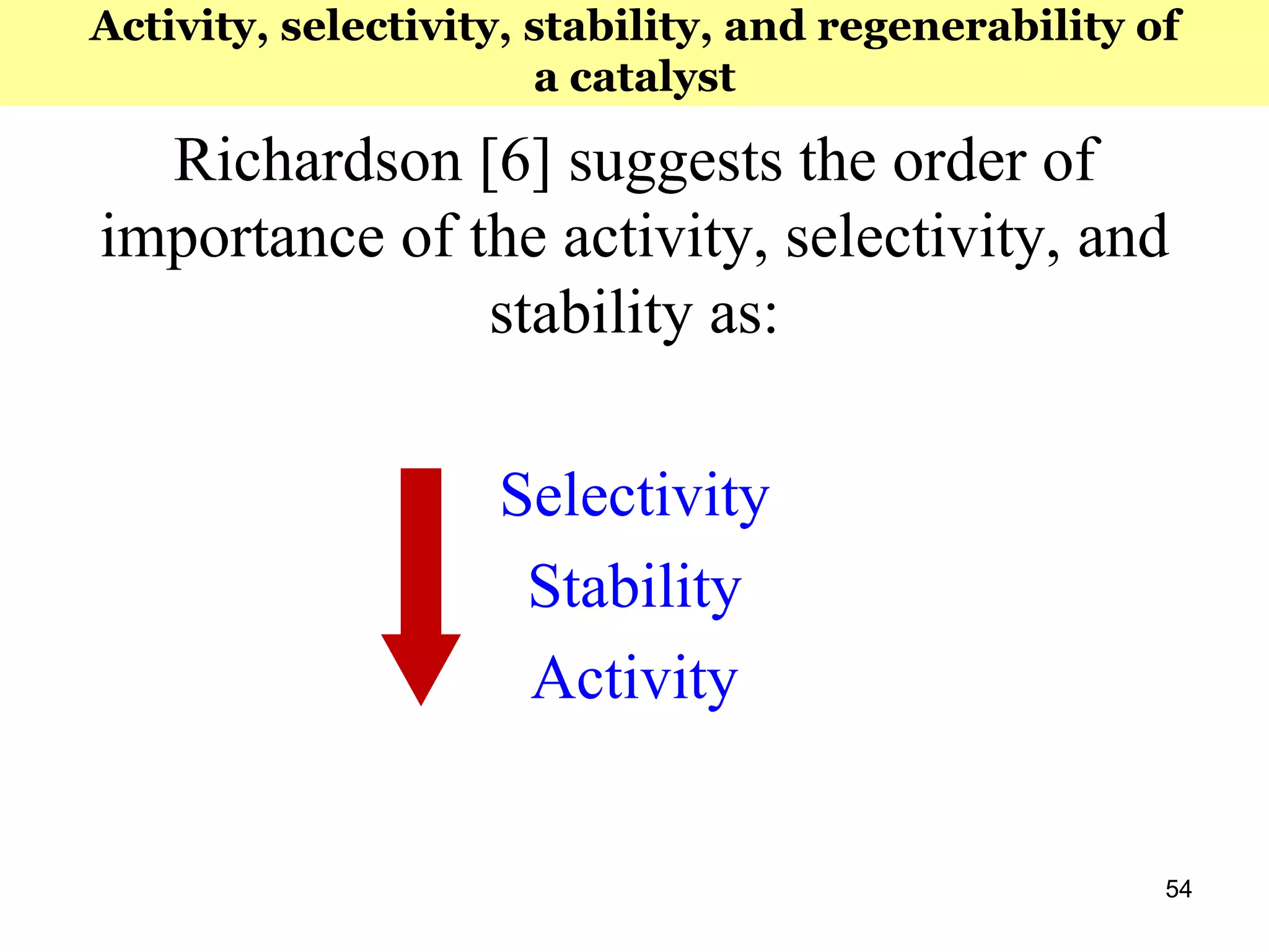54
Richardson [6] suggests the order of
importance of the activity, selectivity, and
stability as:
Selectivity
Stability
Activity
Activity, selectivity, stability, and regenerability of
a catalyst
 