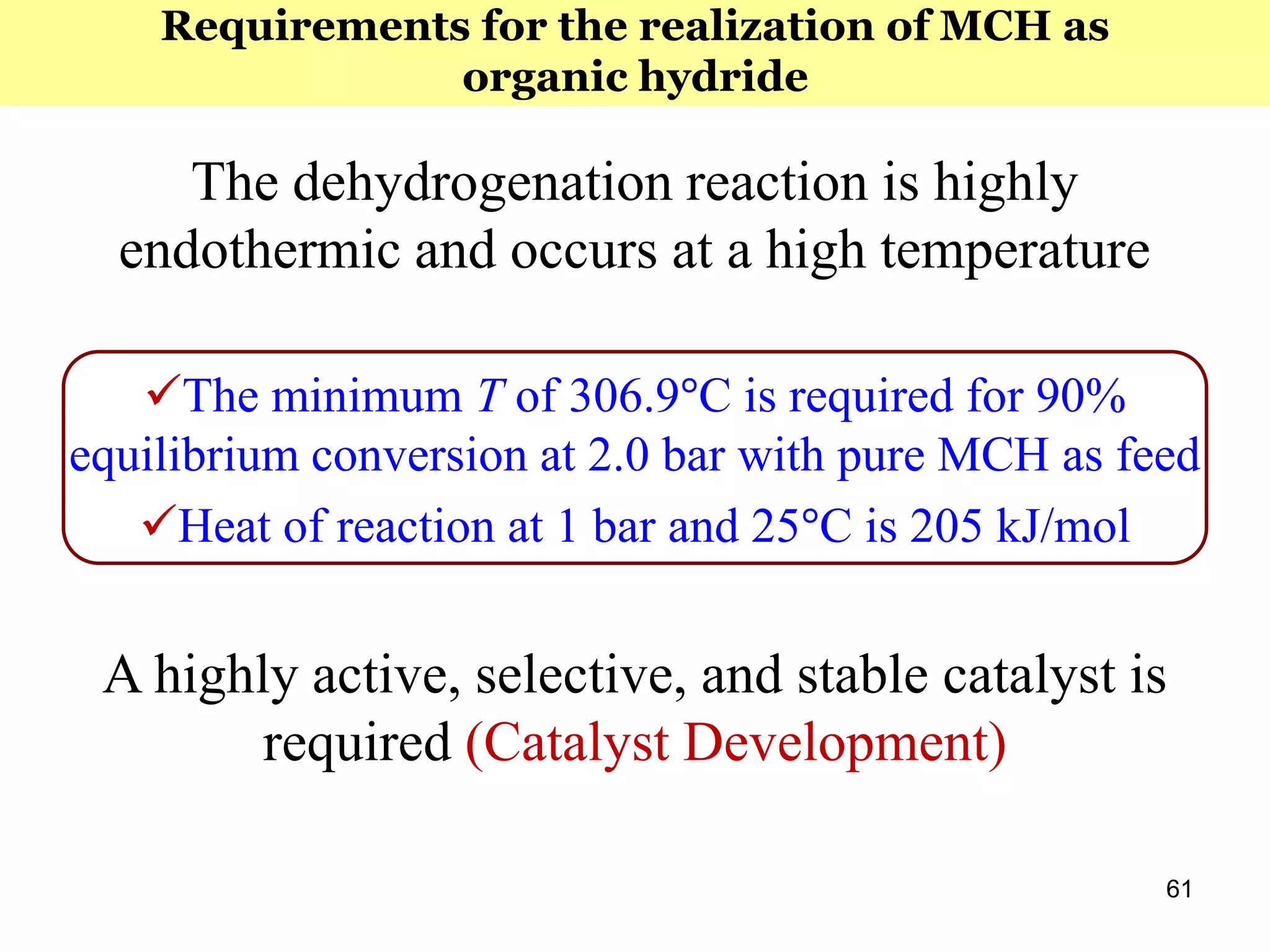 The dehydrogenation reaction is highly
endothermic and occurs at a high temperature
The minimum T of 306.9°C is required for 90%
equilibrium conversion at 2.0 bar with pure MCH as feed
Heat of reaction at 1 bar and 25°C is 205 kJ/mol
A highly active, selective, and stable catalyst is
required (Catalyst Development)
61
Requirements for the realization of MCH as
organic hydride
 