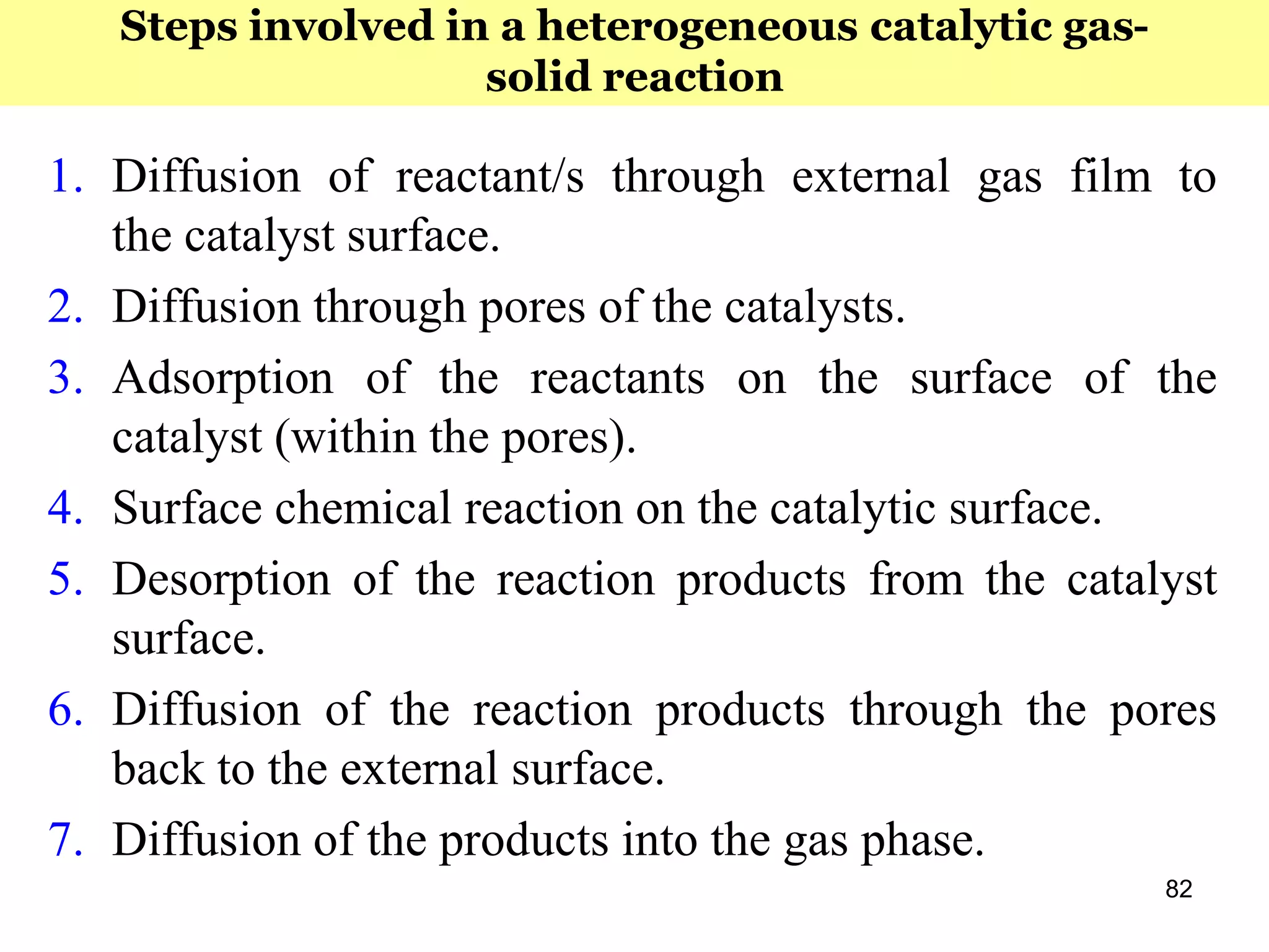 82
1. Diffusion of reactant/s through external gas film to
the catalyst surface.
2. Diffusion through pores of the catalysts.
3. Adsorption of the reactants on the surface of the
catalyst (within the pores).
4. Surface chemical reaction on the catalytic surface.
5. Desorption of the reaction products from the catalyst
surface.
6. Diffusion of the reaction products through the pores
back to the external surface.
7. Diffusion of the products into the gas phase.
Steps involved in a heterogeneous catalytic gas-
solid reaction
 