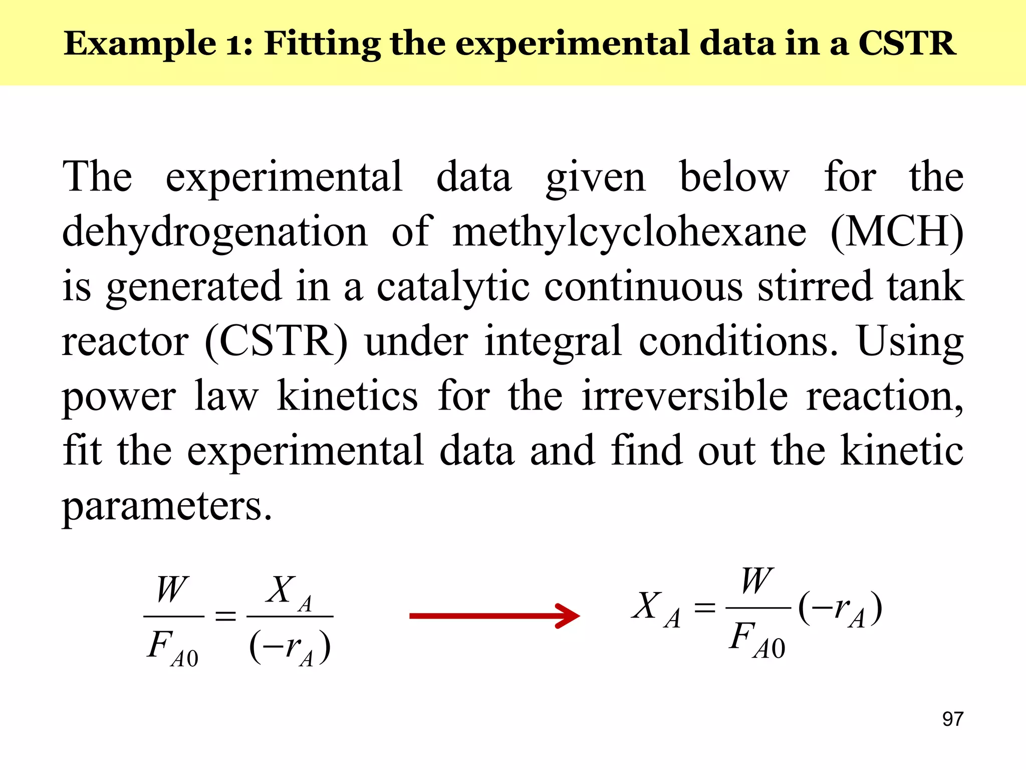 97
The experimental data given below for the
dehydrogenation of methylcyclohexane (MCH)
is generated in a catalytic continuous stirred tank
reactor (CSTR) under integral conditions. Using
power law kinetics for the irreversible reaction,
fit the experimental data and find out the kinetic
parameters.
Example 1: Fitting the experimental data in a CSTR
)(0 A
A
A r
X
F
W

 )(
0
A
A
A r
F
W
X 
 