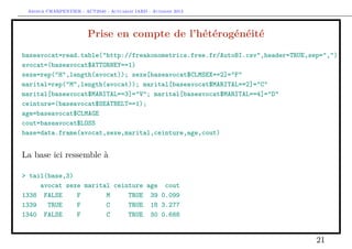 Arthur CHARPENTIER - ACT2040 - Actuariat IARD - Automne 2013
Prise en compte de l’hétérogénéité
baseavocat=read.table("http://freakonometrics.free.fr/AutoBI.csv",header=TRUE,sep=",")
avocat=(baseavocat$ATTORNEY==1)
sexe=rep("H",length(avocat)); sexe[baseavocat$CLMSEX==2]="F"
marital=rep("M",length(avocat)); marital[baseavocat$MARITAL==2]="C"
marital[baseavocat$MARITAL==3]="V"; marital[baseavocat$MARITAL==4]="D"
ceinture=(baseavocat$SEATBELT==1);
age=baseavocat$CLMAGE
cout=baseavocat$LOSS
base=data.frame(avocat,sexe,marital,ceinture,age,cout)
La base ici ressemble à
> tail(base,3)
avocat sexe marital ceinture age cout
1338 FALSE F M TRUE 39 0.099
1339 TRUE F C TRUE 18 3.277
1340 FALSE F C TRUE 30 0.688
21
 