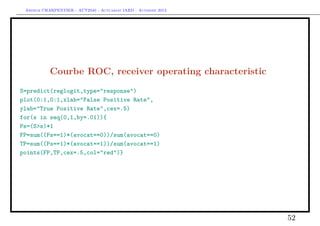 Arthur CHARPENTIER - ACT2040 - Actuariat IARD - Automne 2013
Courbe ROC, receiver operating characteristic
S=predict(reglogit,type="response")
plot(0:1,0:1,xlab="False Positive Rate",
ylab="True Positive Rate",cex=.5)
for(s in seq(0,1,by=.01)){
Ps=(S>s)*1
FP=sum((Ps==1)*(avocat==0))/sum(avocat==0)
TP=sum((Ps==1)*(avocat==1))/sum(avocat==1)
points(FP,TP,cex=.5,col="red")}
52
 