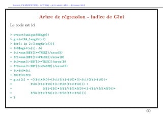 Arthur CHARPENTIER - ACT2040 - Actuariat IARD - Automne 2013
Arbre de régression - indice de Gini
Le code est ici
> u=sort(unique(B$age))
> gini=(NA,length(u))
> for(i in 2:(length(u))){
+ I=B$age<(u[i]-.5)
+ ft1=sum(B$Y[I==TRUE])/nrow(B)
+ ff1=sum(B$Y[I==FALSE])/nrow(B)
+ ft0=sum(1-B$Y[I==TRUE])/nrow(B)
+ ff0=sum(1-B$Y[I==FALSE])/nrow(B)
+ ft=ft0+ft1
+ f0=ft0+ff0
+ gini[i] = -((ft1+ft0)*(ft1/(ft1+ft0)*(1-ft1/(ft1+ft0))+
+ ft0/(ft1+ft0)*(1-ft0/(ft1+ft0))) +
+ (ff1+ff0)*(ff1/(ff1+ff0)*(1-ff1/(ff1+ff0))+
+ ff0/(ff1+ff0)*(1-ff0/(ff1+ff0))))
+ }
60
 