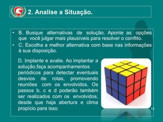 2. Analise a Situação. B. Busque  alternativas  de  solução. Aponte as  opções que  você julgar mais plausíveis para resolver o conflito. C. Escolha a melhor alternativa com base nas informações à sua disposição. D. Implante e avalie. Ao implantar a solução,faça acompanhamentos   periódicos para detectar eventuais desvios de rotas, promovendo reuniões  com os envolvidos. Os passos b, c e d poderão também ser realizados com os  envolvidos, desde que haja abertura e clima propício para isso. 