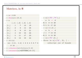 Arthur CHARPENTIER - IA - Actuariat Data Science - March, 2015
Matrices, in R
1 > u<−1:24
2 > dim(u)=c (6 ,4)
3 > u
4 [ , 1 ] [ , 2 ] [ , 3 ] [ , 4 ]
5 [ 1 , ] 1 7 13 19
6 [ 2 , ] 2 8 14 20
7 [ 3 , ] 3 9 15 21
8 [ 4 , ] 4 10 16 22
9 [ 5 , ] 5 11 17 23
10 [ 6 , ] 6 12 18 24
11 > s t r (u)
12 i n t [ 1 : 6 , 1 : 4 ] 1 2 3 4 5 6 7 8
9 10 . . .
13 > colnames (u)=l e t t e r s [ 1 : 4 ]
14 > rownames (u)=LETTERS[ 1 0 : 1 5 ]
1 > u [ c ( "K" , "N" ) , ]
2 a b c d
3 K 2 8 14 20
4 N 5 11 17 23
5 > u [ c (1 ,2) , ]
6 a b c d
7 J 1 7 13 19
8 K 2 8 14 20
9 > u [ c ( "K" ,5) , ]
10 Error in u [ c ( "K" , 5) , ] :
s u b s c r i p t out of bounds
@freakonometrics 15
 