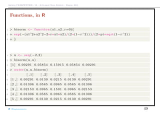 Arthur CHARPENTIER - IA - Actuariat Data Science - March, 2015
Functions, in R
1 > binorm <− function ( x1 , x2 , r=0){
2 + exp(−(x1^2+x2^2−2∗ r ∗x1∗x2 ) / (2 ∗(1−r ^2) ) ) / (2 ∗ pi ∗ sqrt (1−r ^2) )
3 + }
1 > u <− seq ( −2 ,2)
2 > binorm (u , u)
3 [ 1 ] 0.00291 0.05854 0.15915 0.05854 0.00291
4 > outer (u , u , binorm )
5 [ , 1 ] [ , 2 ] [ , 3 ] [ , 4 ] [ , 5 ]
6 [ 1 , ] 0.00291 0.0130 0.0215 0.0130 0.00291
7 [ 2 , ] 0.01306 0.0585 0.0965 0.0585 0.01306
8 [ 3 , ] 0.02153 0.0965 0.1591 0.0965 0.02153
9 [ 4 , ] 0.01306 0.0585 0.0965 0.0585 0.01306
10 [ 5 , ] 0.00291 0.0130 0.0215 0.0130 0.00291
@freakonometrics 49
 