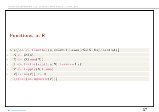 Arthur CHARPENTIER - IA - Actuariat Data Science - March, 2015
Functions, in R
1 > rcpd3 <− function (n , rN=rN . Poisson , rX=rX . Exponential ) {
2 N <− rN(n)
3 X <− rX(sum(N) )
4 I <− f a c t o r ( rep ( 1 : n ,N) , l e v e l s =1:n)
5 V <− tapply (X, I , sum)
6 V[ i s . na (V) ] <− 0
7 return ( as . numeric (V) ) }
@freakonometrics 57
 