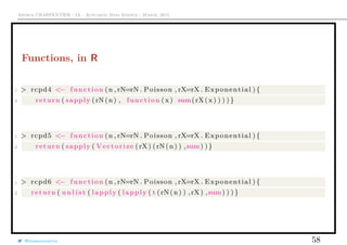 Arthur CHARPENTIER - IA - Actuariat Data Science - March, 2015
Functions, in R
1 > rcpd4 <− function (n , rN=rN . Poisson , rX=rX . Exponential ) {
2 return ( sapply (rN(n) , function ( x ) sum(rX( x) ) ) ) }
1 > rcpd5 <− function (n , rN=rN . Poisson , rX=rX . Exponential ) {
2 return ( sapply ( Vectorize (rX) (rN(n) ) ,sum) ) }
1 > rcpd6 <− function (n , rN=rN . Poisson , rX=rX . Exponential ) {
2 return ( u n l i s t ( lapply ( lapply ( t (rN(n) ) ,rX) ,sum) ) ) }
@freakonometrics 58
 