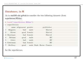 Arthur CHARPENTIER - IA - Actuariat Data Science - March, 2015
Databases, in R
As in stat545-ubc.github.io consider the two following datasets (from
superheroes.RData)
1 > load ( " superheroes . RData" )
2 > superheroes
3 name alignment gender publisher
4 1 Magneto bad male Marvel
5 2 Storm good female Marvel
6 3 Mystique bad female Marvel
7 4 Batman good male DC
8 5 Joker bad male DC
9 6 Catwoman bad female DC
10 7 Hellboy good male Dark Horse Comics
for the superheroes,
@freakonometrics 67
 