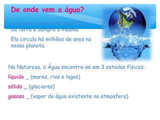 De onde vem a água?
A água que existe na superfície
da terra é sempre a mesma.
Ela circula há milhões de anos no
nosso planeta.
Na Natureza, a Água encontra-se em 3 estados físicos:
líquido _ (mares, rios e lagos)
sólido _ (glaciares)
gasoso _ (vapor de água existente na atmosfera)
 
