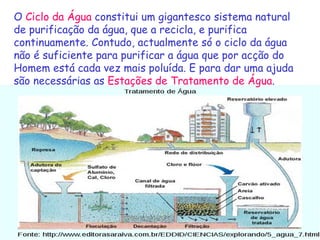 O   Ciclo da Água  constitui um gigantesco sistema natural de purificação da água, que a recicla, e purifica continuamente. Contudo, actualmente só o ciclo da água não é suficiente para purificar a água que por acção do Homem está cada vez mais poluída. E para dar uma ajuda são necessárias as  Estações de Tratamento de Água . 