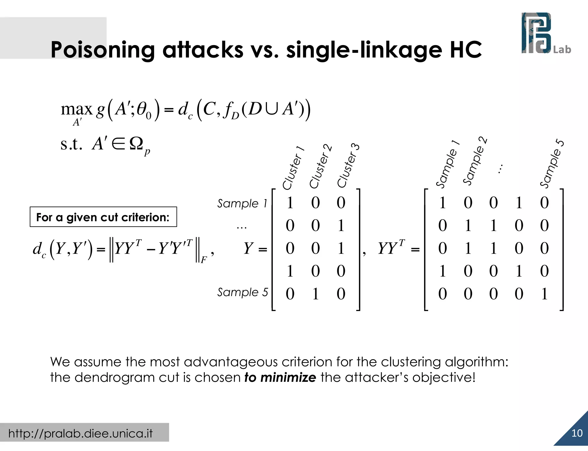  

Poisoning attacks vs. single-linkage HC
max g ( A!;θ 0 ) = dc (C, fD (D ∪ A!))
A!

s.t. A! ∈ Ω p
#
%
For a given cut criterion:
…
%
T
T
dc (Y, Y !) = YY − Y !Y ! ,
Y =%
F
%
%
Sample 5
%
$
Sample 1

1
0
0
1
0

0
0
0
0
1

0
1
1
0
0

&
# 1 0
(
%
(
% 0 1
(, YY T = % 0 1
(
% 1 0
(
%
(
% 0 0
'
$

0
1
1
0
0

1
0
0
1
0

0
0
0
0
1

&
(
(
(
(
(
(
'

We assume the most advantageous criterion for the clustering algorithm:
the dendrogram cut is chosen to minimize the attacker’s objective!

http://pralab.diee.unica.it

10	
  

 