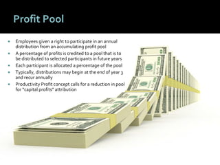 3939
Profit Pool
 Employees given a right to participate in an annual
distribution from an accumulating profit pool
 A percentage of profits is credited to a pool that is to
be distributed to selected participants in future years
 Each participant is allocated a percentage of the pool
 Typically, distributions may begin at the end of year 3
and recur annually
 Productivity Profit concept calls for a reduction in pool
for “capital profits” attribution
 