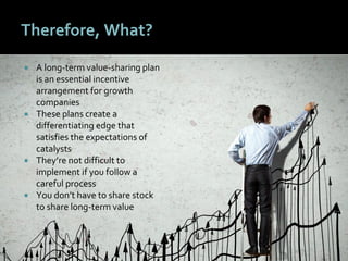 5252
Therefore, What?
 A long-term value-sharing plan
is an essential incentive
arrangement for growth
companies
 These plans create a
differentiating edge that
satisfies the expectations of
catalysts
 They’re not difficult to
implement if you follow a
careful process
 You don’t have to share stock
to share long-term value
 
