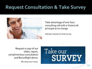 5656
Take advantage of one-hour
consulting call with a VisionLink
principal at no charge.
Indicate interest on final survey
Request Consultation & Take Survey
Request a copy of our
slides, report,
complimentary consultation
and BonusRight demo.
We value your input.
 
