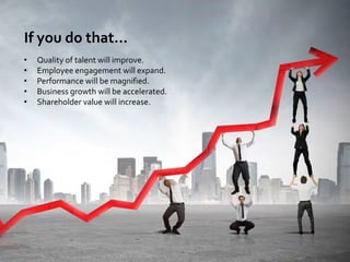 If you do that…
• Quality of talent will improve.
• Employee engagement will expand.
• Performance will be magnified.
• Business growth will be accelerated.
• Shareholder value will increase.
 