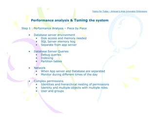 Topics for Today - Amscan’s Aras Innovator Extensions



         Performance analysis & Tuning the system
                                     g

Step 1 : Performance Analysis – Piece by Piece

     •    Database server environment
           • Di k access and memory needed
              Disk          d          d d
           • SQL Server memory hog
           • Separate from app server

     •    Database Server Queries
           a abas S       Qu    s
           • Debug queries
           • Indexing
           • Partition tables

     •    Network
           • When App server and Database are separated
           • Monitor during different times of the day

     •    Complex permissions
           • Identities and hierarchical nesting of permissions
           • Identity and multiple objects with multiple roles
           • User and groups
 