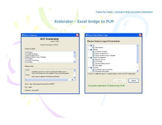 Topics for Today - Amscan’s Aras Innovator Extensions



Xcelerator - Excel bridge to PLM
                       g
 