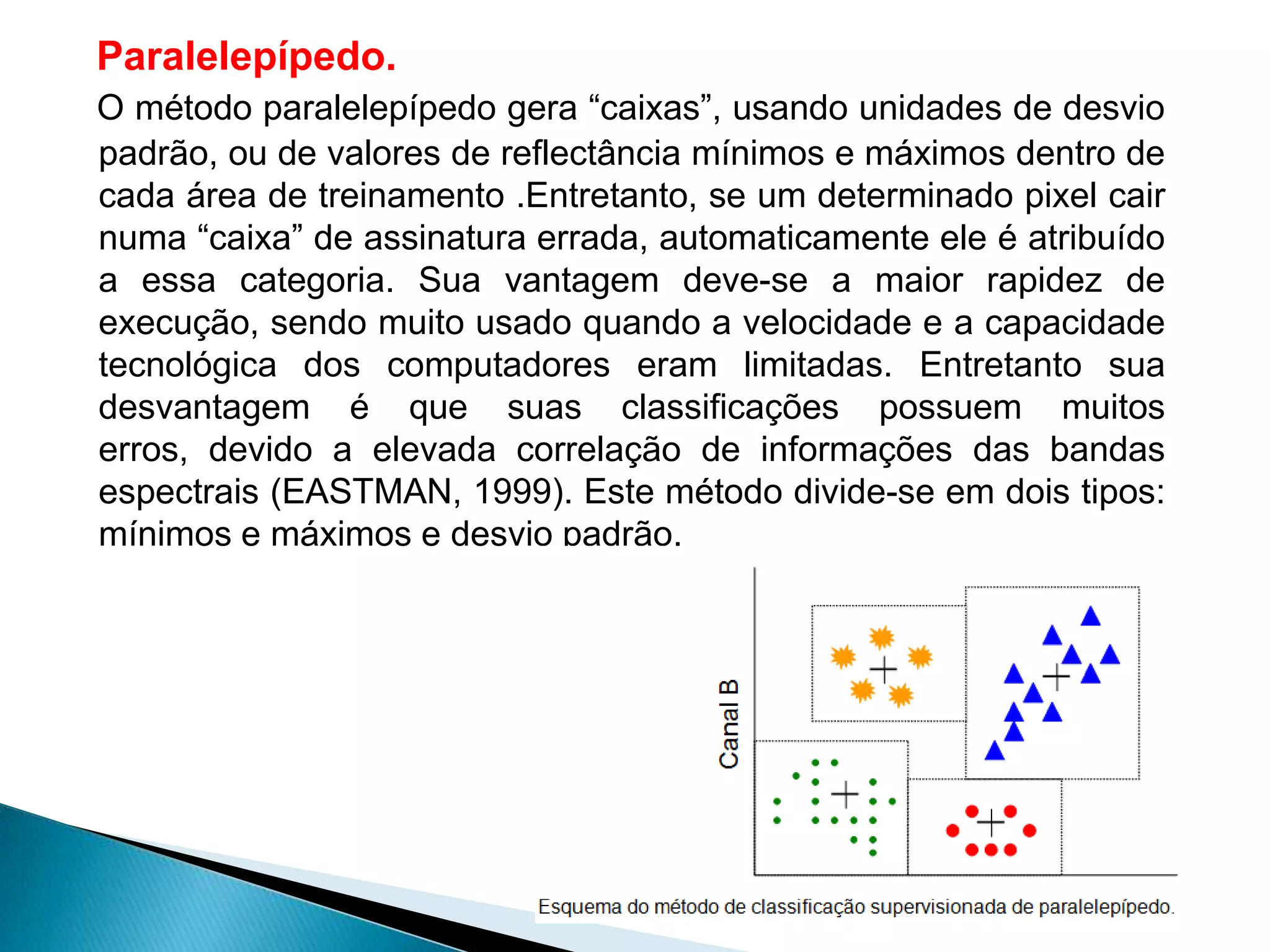 Paralelepípedo.
O método paralelepípedo gera “caixas”, usando unidades de desvio
padrão, ou de valores de reflectância mínimos e máximos dentro de
cada área de treinamento .Entretanto, se um determinado pixel cair
numa “caixa” de assinatura errada, automaticamente ele é atribuído
a essa categoria. Sua vantagem deve-se a maior rapidez de
execução, sendo muito usado quando a velocidade e a capacidade
tecnológica dos computadores eram limitadas. Entretanto sua
desvantagem é que suas classificações possuem muitos
erros, devido a elevada correlação de informações das bandas
espectrais (EASTMAN, 1999). Este método divide-se em dois tipos:
mínimos e máximos e desvio padrão.
 