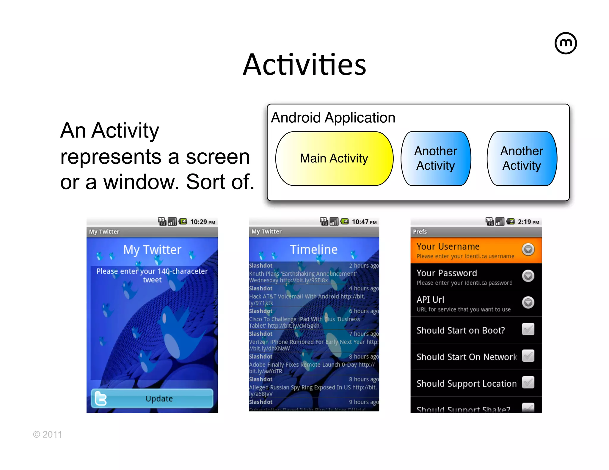 AcEviEes
                               	
  
                             Android Application
     An Activity
     represents a screen         Main Activity
                                                   Another
                                                   Activity
                                                              Another
                                                              Activity
     or a window. Sort of.




© 2011
 