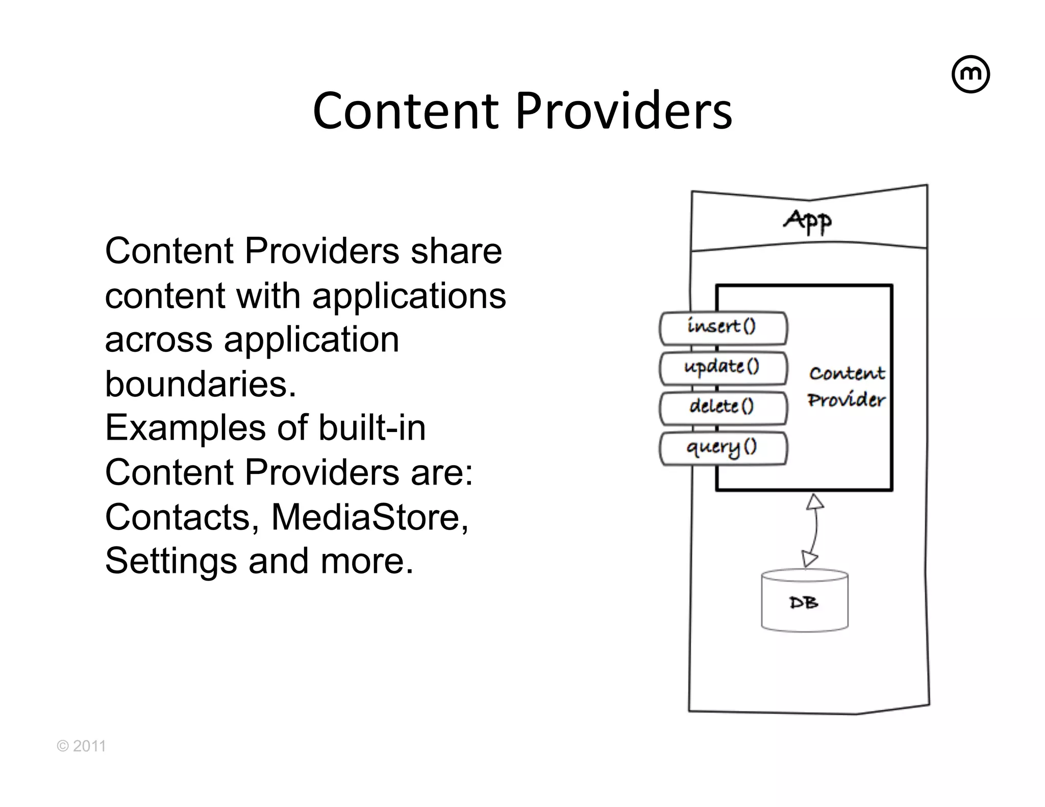 Content	
  Providers
                                    	
  

     Content Providers share
     content with applications
     across application
     boundaries.
     Examples of built-in
     Content Providers are:
     Contacts, MediaStore,
     Settings and more.



© 2011
 