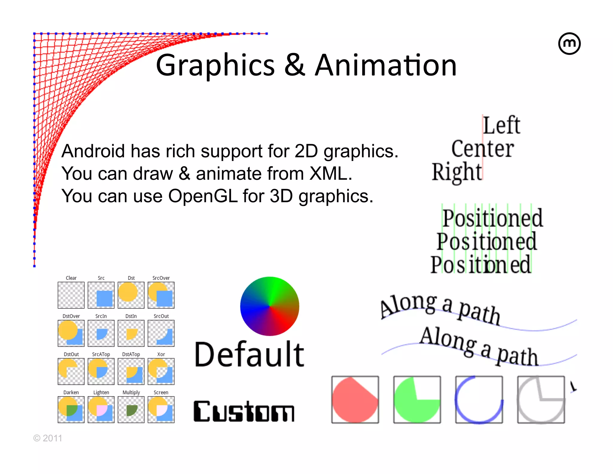Graphics	
  &	
  AnimaEon	
  

     Android has rich support for 2D graphics.
     You can draw & animate from XML.
     You can use OpenGL for 3D graphics.




© 2011
 