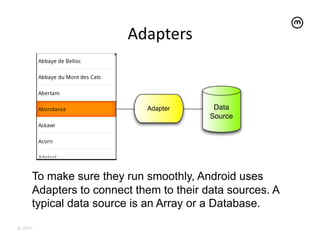 Adapters
                              	
  



                           Adapter       Data
                                        Source




     To make sure they run smoothly, Android uses
     Adapters to connect them to their data sources. A
     typical data source is an Array or a Database.

© 2011
 