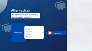 10
Alternativas
Estabelecem ideia de alternância,
contrariedade, oposição.
Exemplos
ou... ou
quer...quer
ora...ora
seja...seja
Paralelismo
 