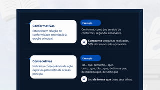 17
Conforme, como (no sentido de
conforme), segundo, consoante.
Conformativas
Estabelecem relação de
conformidade em relação à
oração principal.
Exemplo
Consoante pesquisas realizadas,
50% dos alunos são aprovados.
A
Tal... que, tamanho... que,
tanto...que, tão... que, de forma que,
de maneira que, de sorte que
Consecutivas
Indicam a consequência da ação
expressa pelo verbo da oração
principal
Exemplo
Leu de forma que doeu seus olhos.
A
 