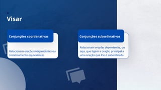 3
Visar
Relacionam orações independentes ou
sintaticamente equivalentes
Conjunções coordenativas
Relacionam orações dependentes, ou
seja, que ligam a oração principal a
uma oração que lhe é subordinada
Conjunções subordinativas
 