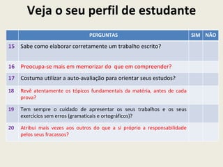 Veja o seu perfil de estudante
                                 PERGUNTAS                                  SIM NÃO

15 Sabe como elaborar corretamente um trabalho escrito?


16 Preocupa-se mais em memorizar do que em compreender?
17 Costuma utilizar a auto-avaliação para orientar seus estudos?

18   Revê atentamente os tópicos fundamentais da matéria, antes de cada
     prova?

19   Tem sempre o cuidado de apresentar os seus trabalhos e os seus
     exercícios sem erros (gramaticais e ortográficos)?

20   Atribui mais vezes aos outros do que a si próprio a responsabilidade
     pelos seus fracassos?
 