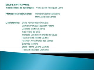 EQUIPE PARTICIPANTE
Coordenador do subprojeto: Vania Lúcia Rodrigues Dutra
Professores supervisores:

Licenciandos:

Marcela Coelho Maquieira
Mary Jane dos Santos

Dênis Fernandes de Oliveira
Edimara Portugal Nazareth Patané
Gabrielle Martins Soares
Keci Vieira da Silva
Marcelle Veridiano Candido de Souza
Rita Carolina Ribeiro Martins
Rosimeri Alves Moreti dos Santos
Salomão Mariano
Stella Fátima Coelho Garrido
Thalita Fernandes Clemente

 