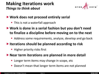 Making Iterations work
   Things to think about

    Work does not proceed entirely serial
             This is not a waterfall approach
    Work is done in a serial fashion but you don’t need
          to finalize a discipline before moving on to the next
             Address some requirements, analyze, develop and go back
    Iterations should be planned according to risk
             Higher priority risks first
    Near term iterations are planned in more detail
             Longer term items may change in scope, etc
             Doesn’t mean that longer term items are not planned

Copyright © 2012 Aras. All Rights Reserved.   Slide 16              aras.com
 