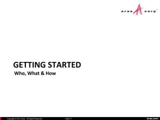 GETTING STARTED
        Who, What & How




Copyright © 2012 Aras. All Rights Reserved.   Slide 17   aras.com
 