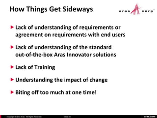 How Things Get Sideways

    Lack of understanding of requirements or
     agreement on requirements with end users

    Lack of understanding of the standard
     out-of-the-box Aras Innovator solutions

    Lack of Training

    Understanding the impact of change

    Biting off too much at one time!


Copyright © 2012 Aras. All Rights Reserved.   Slide 24   aras.com
 