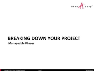 BREAKING DOWN YOUR PROJECT
        Manageable Phases




Copyright © 2012 Aras. All Rights Reserved.   Slide 7   aras.com
 