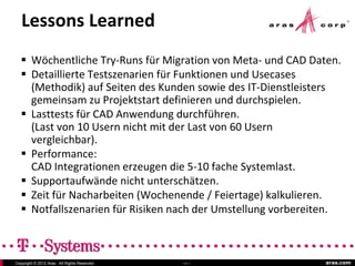 Lessons Learned
   Wöchentliche Try-Runs für Migration von Meta- und CAD Daten.
   Detaillierte Testszenarien für Funktionen und Usecases
    (Methodik) auf Seiten des Kunden sowie des IT-Dienstleisters
    gemeinsam zu Projektstart definieren und durchspielen.
   Lasttests für CAD Anwendung durchführen.
    (Last von 10 Usern nicht mit der Last von 60 Usern
    vergleichbar).
   Performance:
    CAD Integrationen erzeugen die 5-10 fache Systemlast.
   Supportaufwände nicht unterschätzen.
   Zeit für Nacharbeiten (Wochenende / Feiertage) kalkulieren.
   Notfallszenarien für Risiken nach der Umstellung vorbereiten.



Copyright © 2012 Aras. All Rights Reserved.   Slide 12        aras.com
 