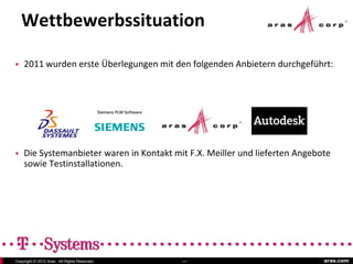 Wettbewerbssituation

   2011 wurden erste Überlegungen mit den folgenden Anbietern durchgeführt:




   Die Systemanbieter waren in Kontakt mit F.X. Meiller und lieferten Angebote
    sowie Testinstallationen.




Copyright © 2012 Aras. All Rights Reserved.   Slide 7                        aras.com
 