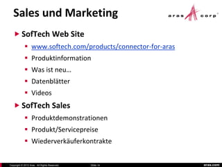 Sales und Marketing
    SofTech Web Site
             www.softech.com/products/connector-for-aras
             Produktinformation
             Was ist neu…
             Datenblätter
             Videos
    SofTech Sales
             Produktdemonstrationen
             Produkt/Servicepreise
             Wiederverkäuferkontrakte


Copyright © 2012 Aras. All Rights Reserved.   Slide 14      aras.com
 